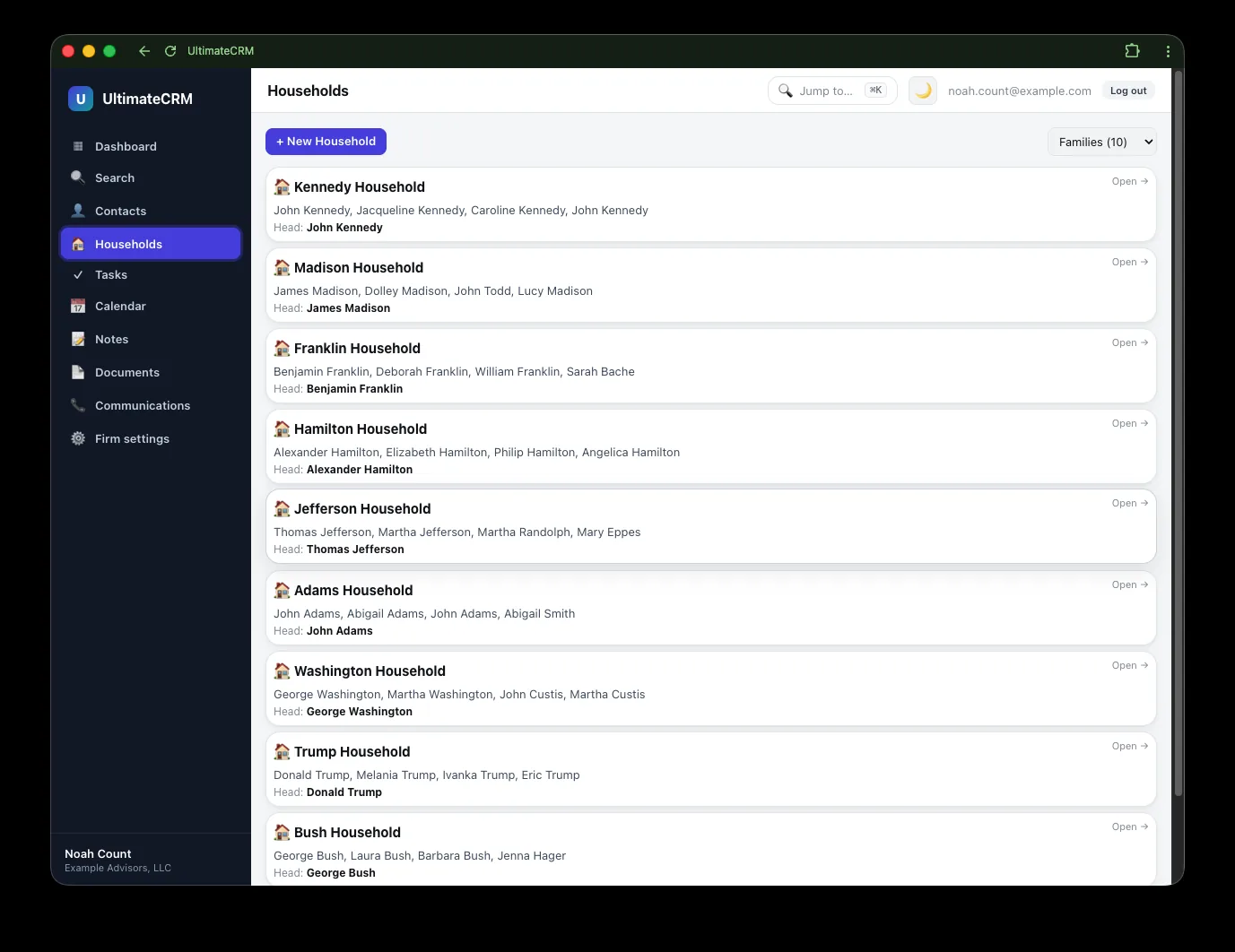 Household planning dashboard screenshot