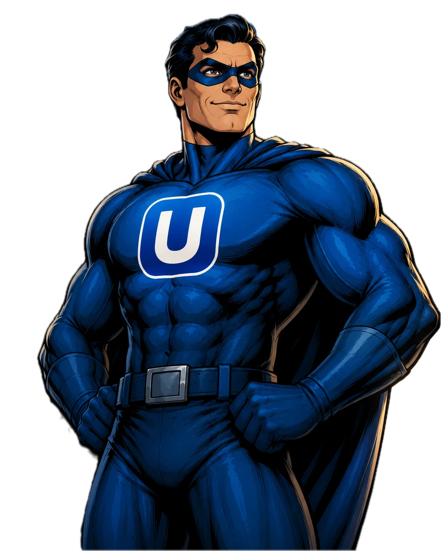 The UltimateCRM mascot, a caped hero with a U on his chest, hands on hips