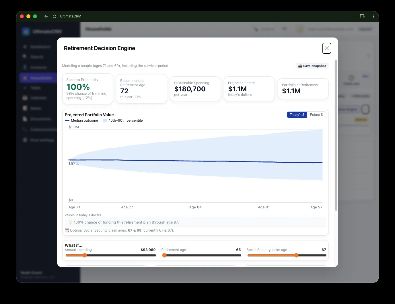 Retirement decision engine dashboard with Monte Carlo probability-of-success projections